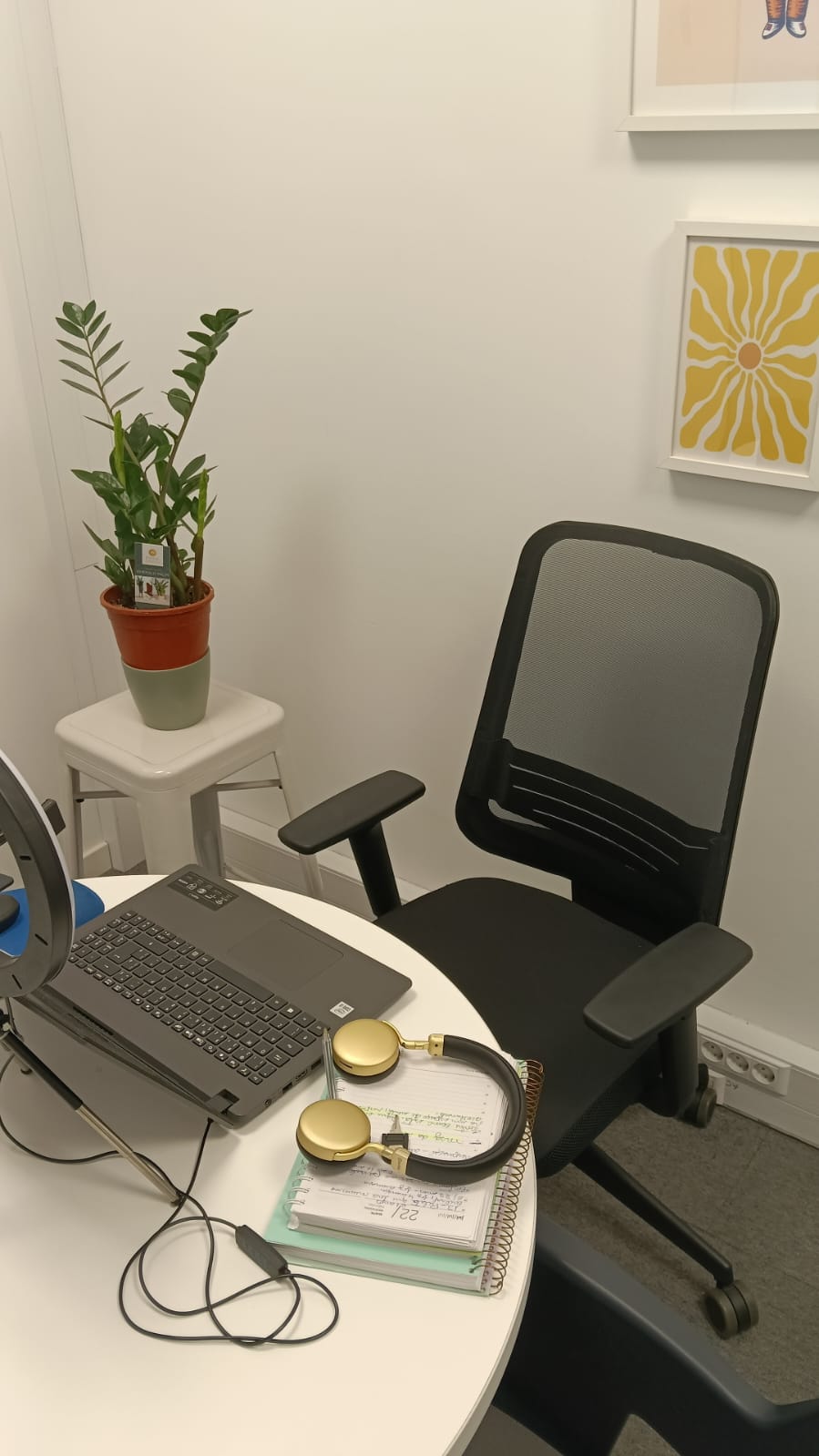 Mesa de atendimento online com notebook, caderno de anotações e planta
