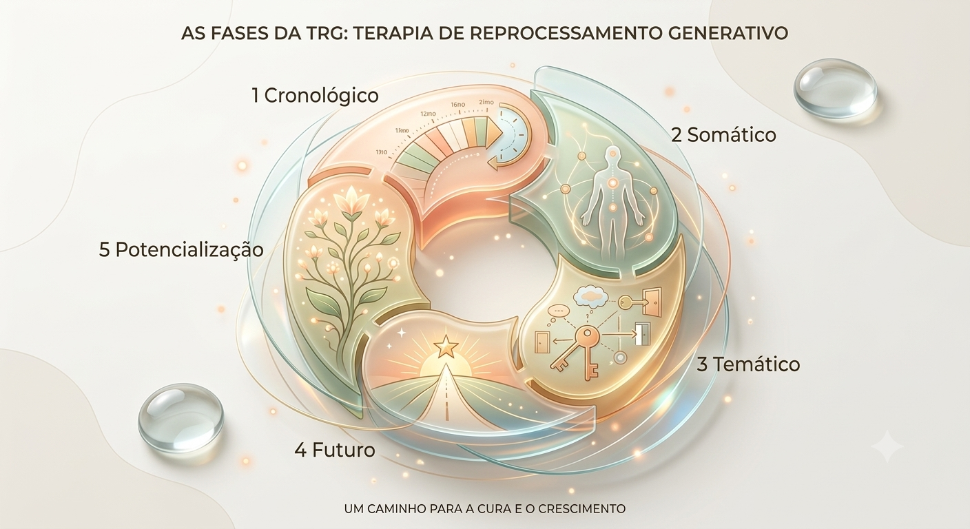Diagrama das cinco fases da Terapia de Reprocessamento Generativo: cronológico, somático, temático, futuro e potencialização